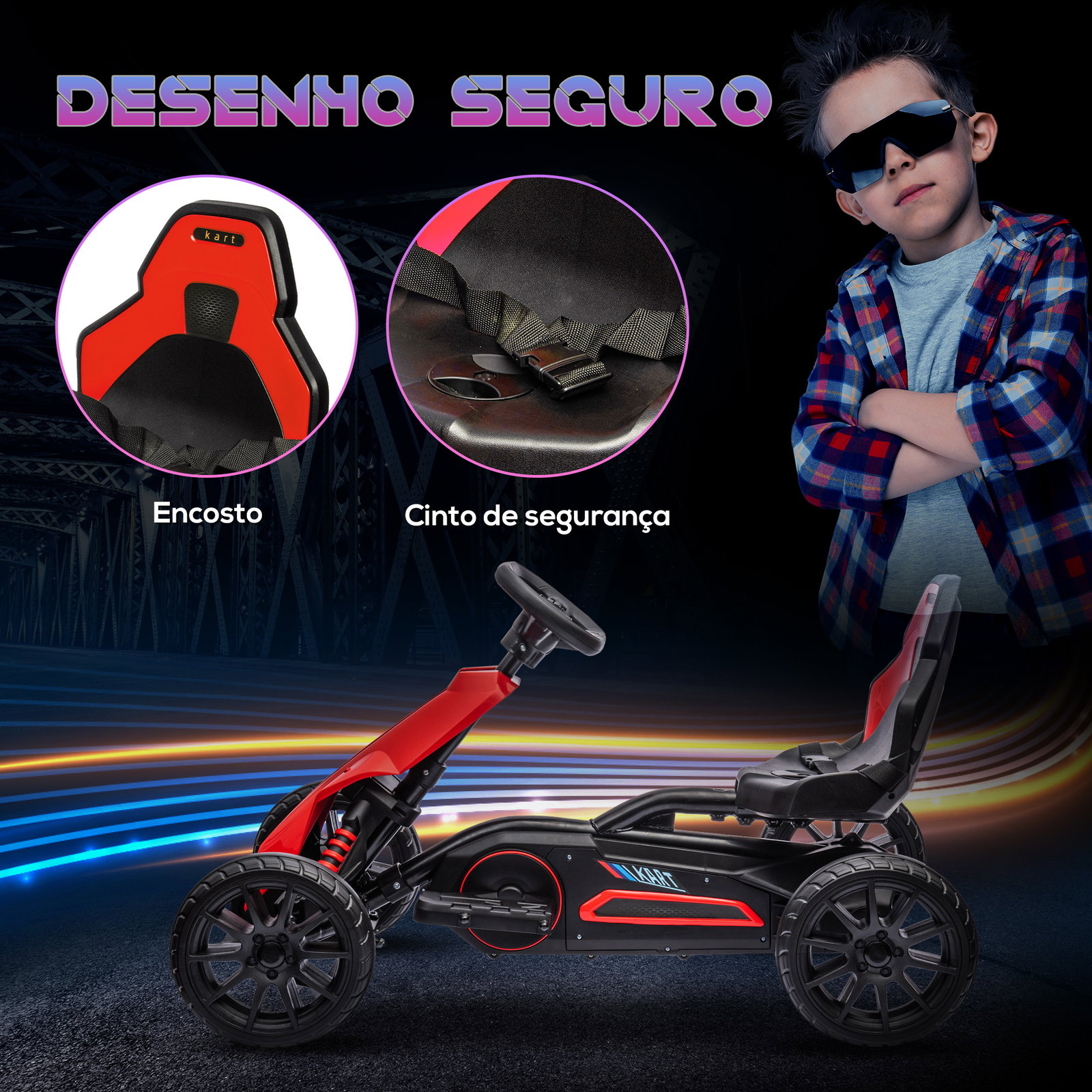 Go kart elétrico para crianças kart a bateria 12v velocidade ajustável 3-5 km/h e cinto de segurança 100x58x58,5 cm vermelho