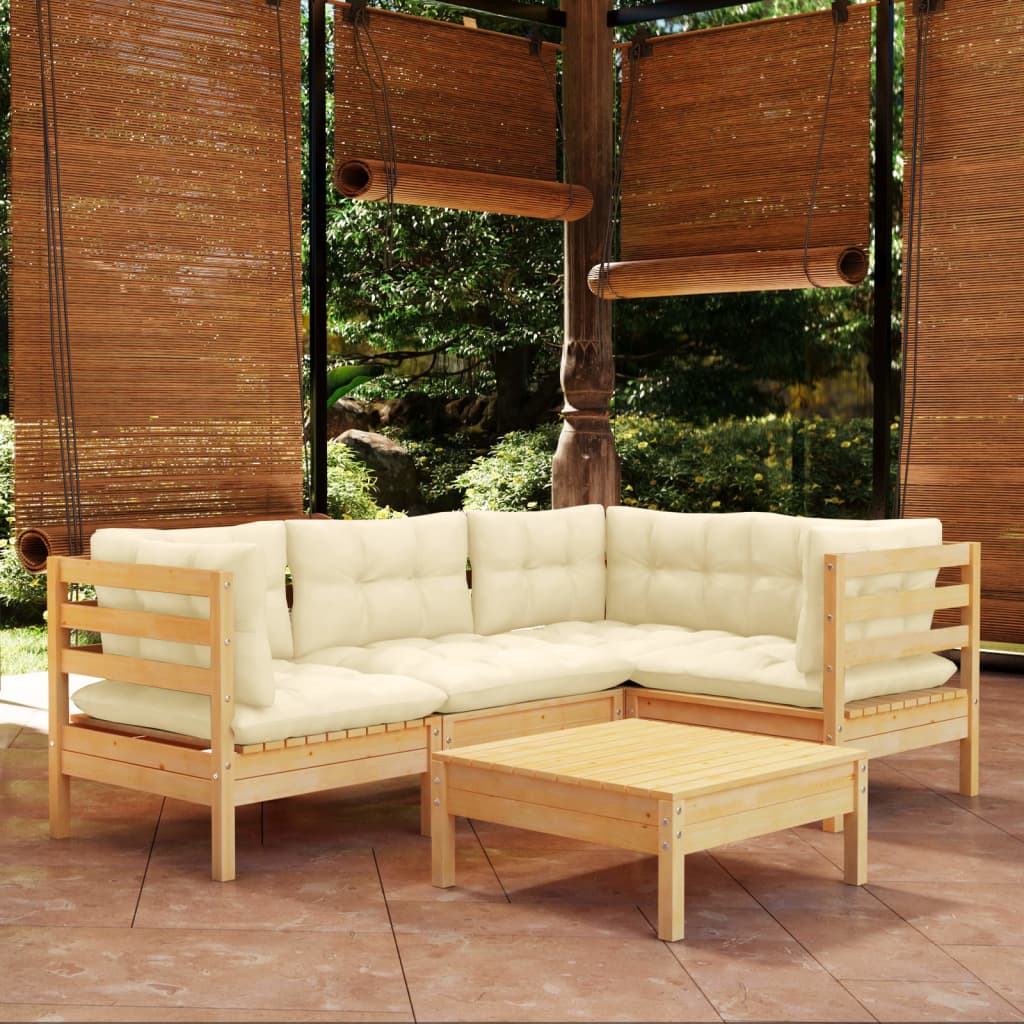 5 Pcs conjunto lounge de jardim c/ almofadões cor creme pinho