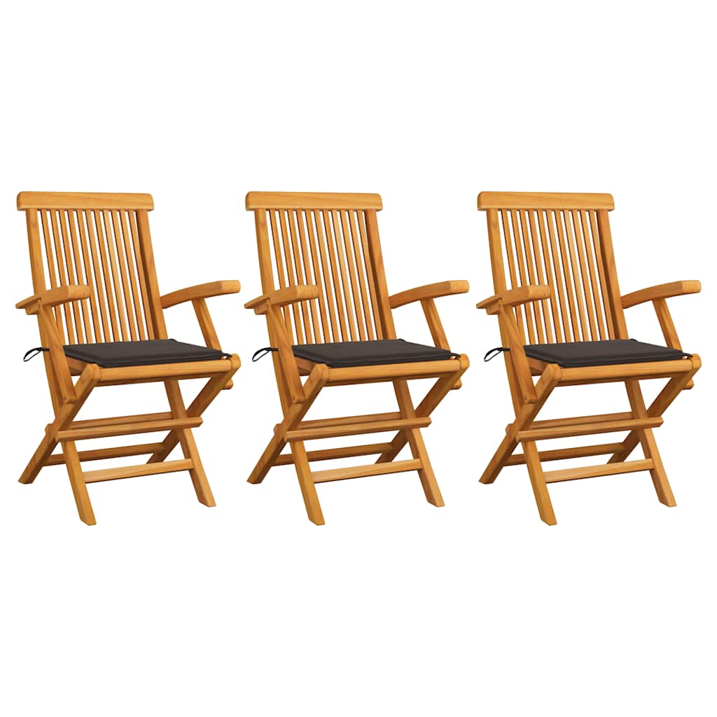 Cadeiras de jardim c/ almofadões cinza-acast. 3 pcs teca maciça
