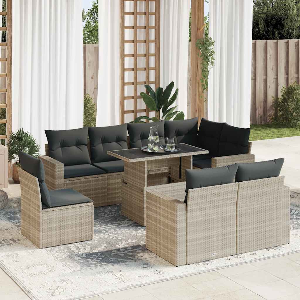 9 Pcs conj. sofás jardim com almofadões vime PE cinzento-claro
