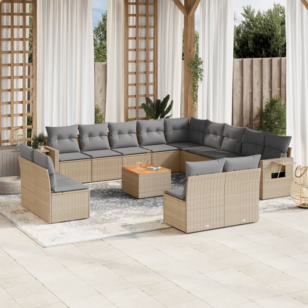 14 Pcs conj. sofás jardim c/ almofadões vime PE bege misturado