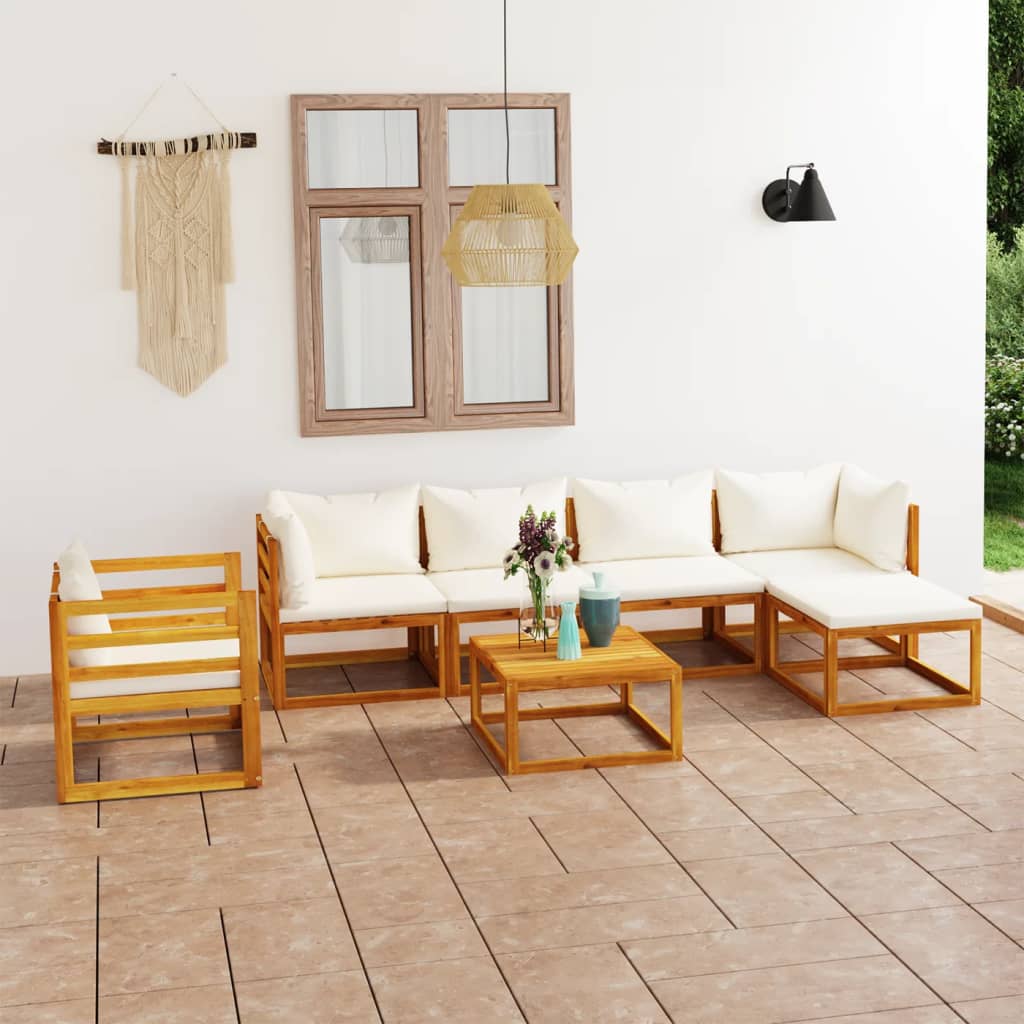 7 Pcs conjunto lounge jardim c/ almofadões acácia maciça creme