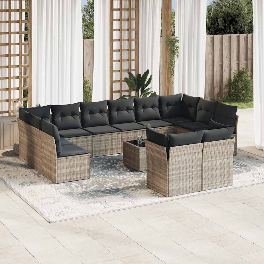 13 Pcs conj. sofás jardim c/ almofadões vime PE cinzento-claro