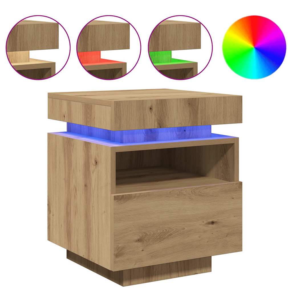 Mesas cabeceira c/luzes LED 2pc 40x39x48,5cm carvalho artisiano