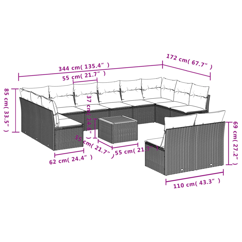 13 Pcs conjunto de sofás de jardim com almofadões vime PE preto
