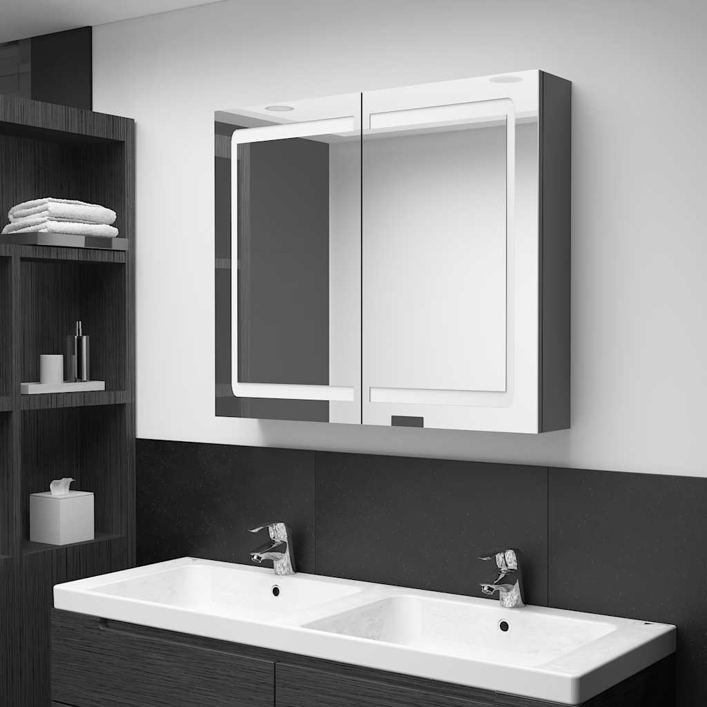 Armário espelhado casa de banho LED 80x12x68 cm cinzento