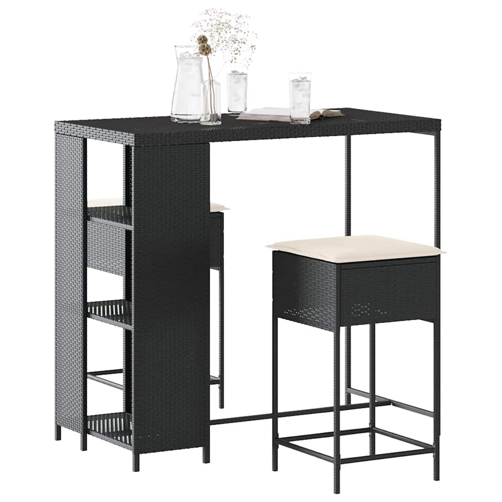 3 Pcs conjunto de bar para jardim c/ almofadões vime PE preto
