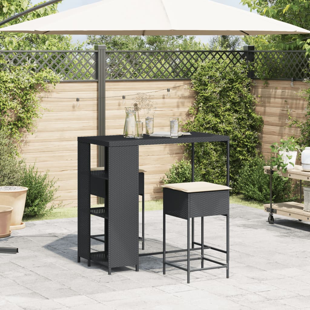 3 Pcs conjunto de bar para jardim c/ almofadões vime PE preto