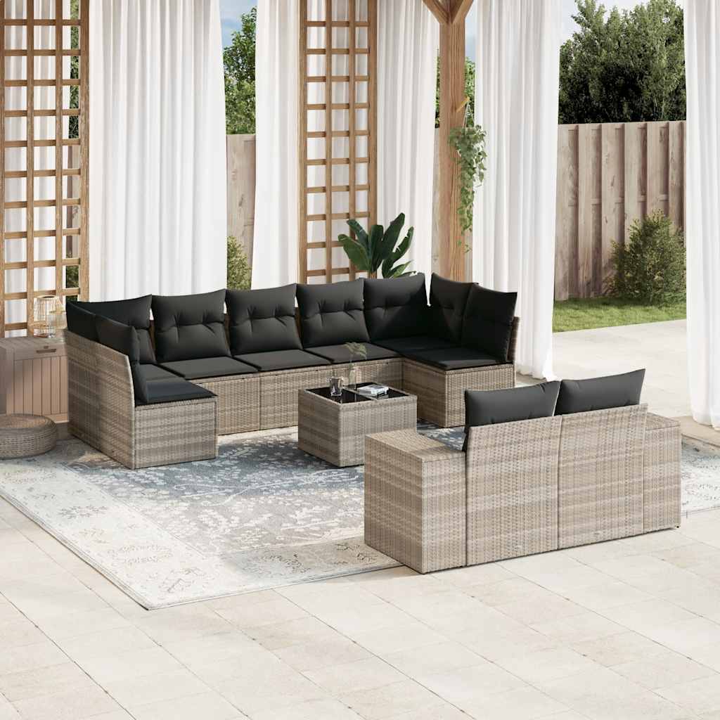 10 Pcs conj. sofás jardim com almofadões vime PE cinzento-claro