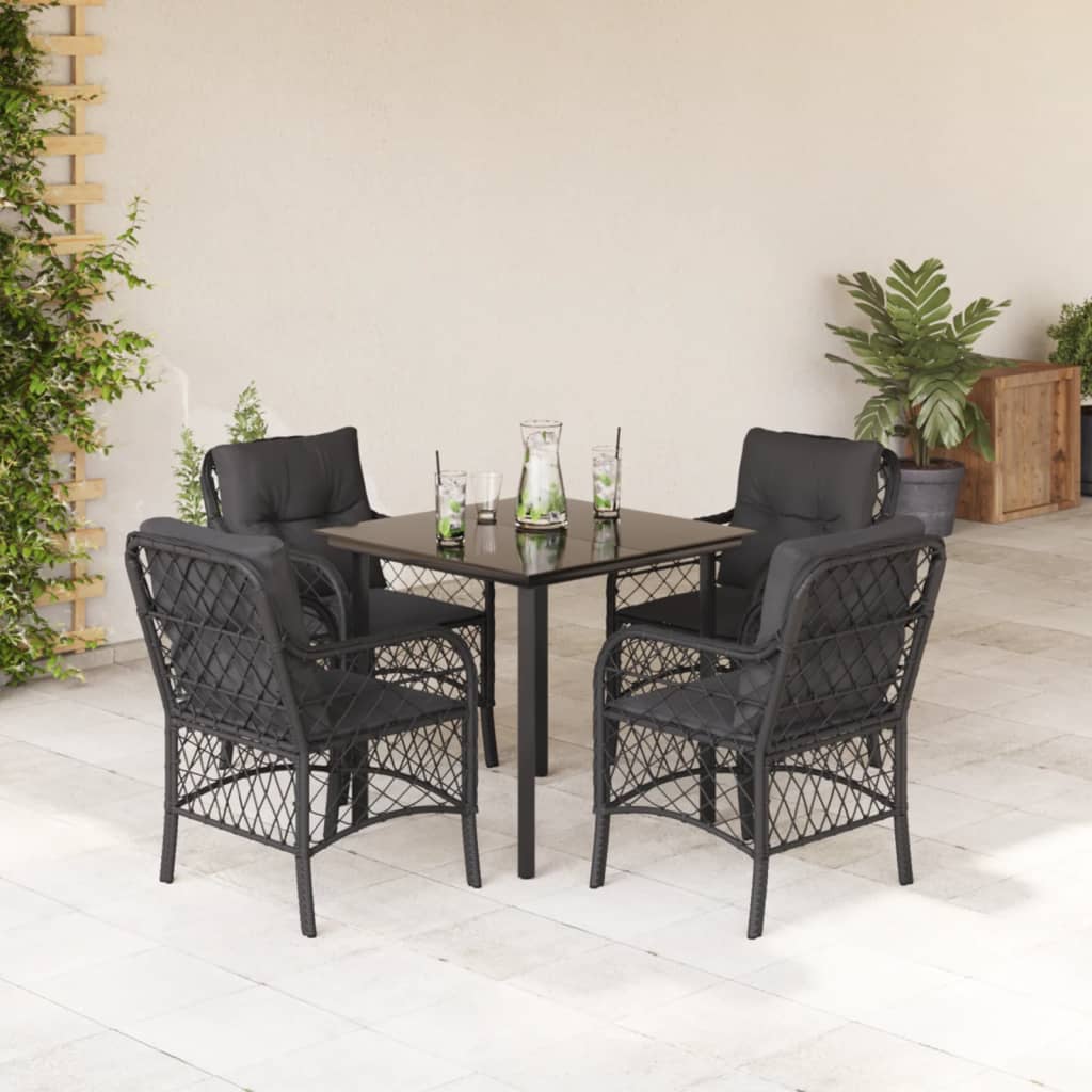 5 Pcs conjunto de jantar p/ jardim c/ almofadões vime PE preto