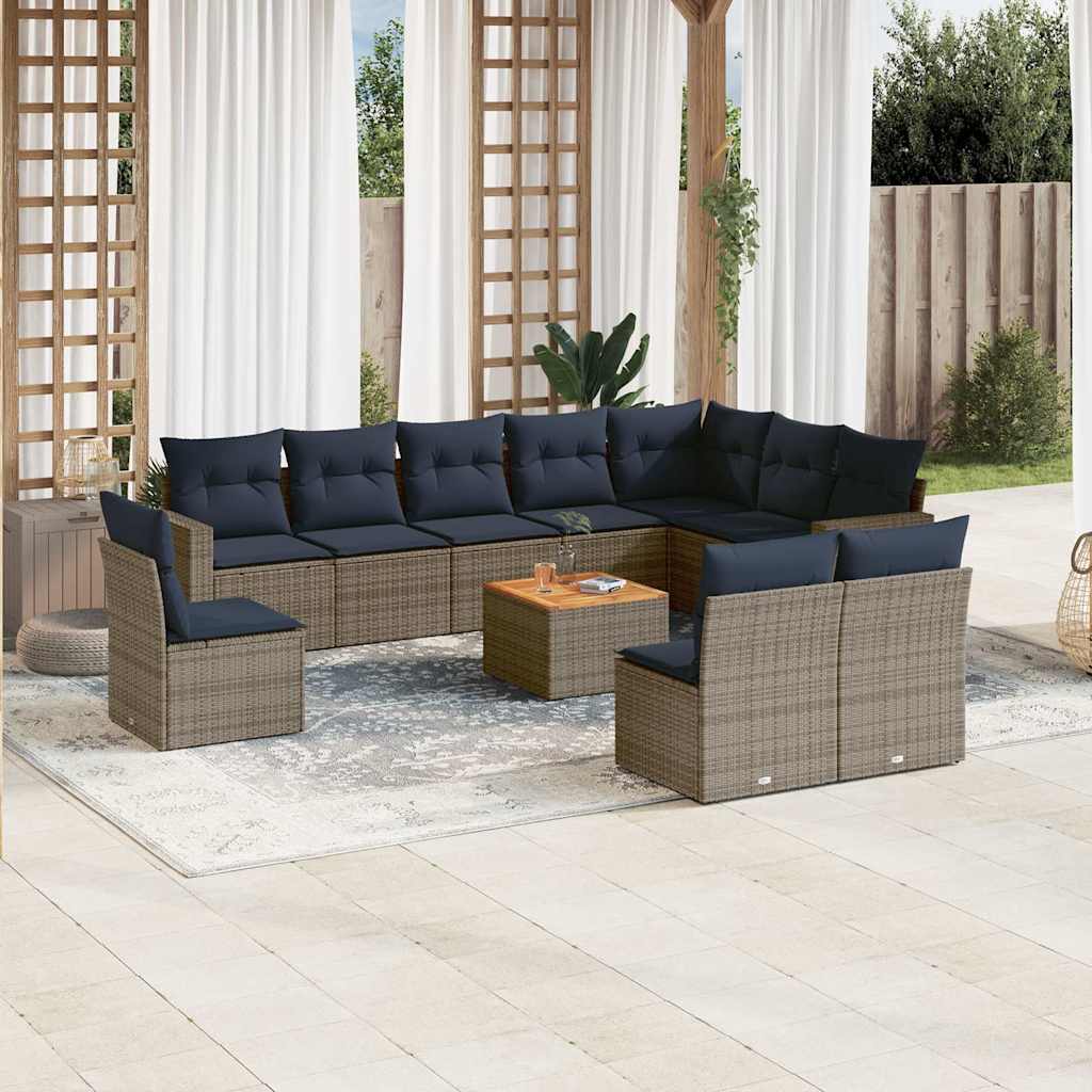 11 Pcs conjunto sofás de jardim c/ almofadões vime PE cinzento