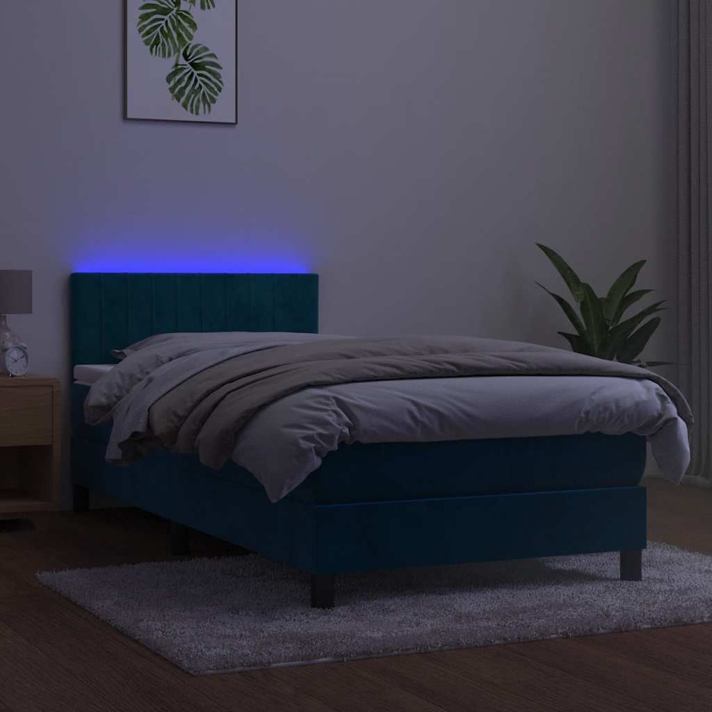 Cama box spring c/ colchão/LED 100x200 cm veludo azul-escuro