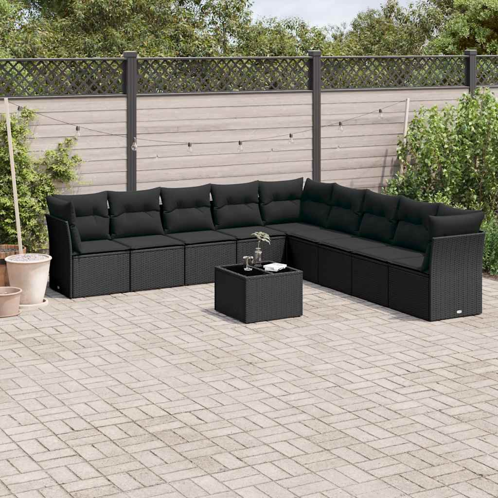 10 Pcs conjunto sofás de jardim c/ almofadões vime PE preto