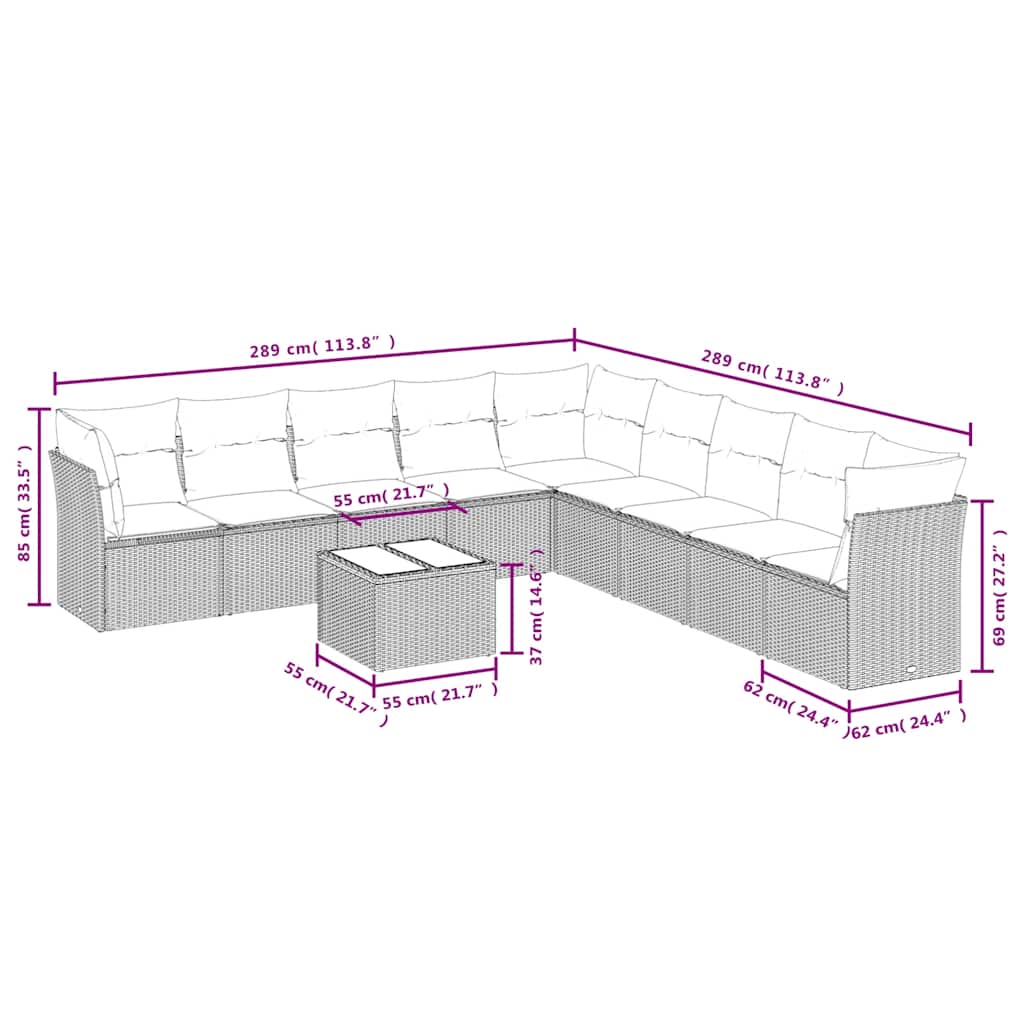 10 Pcs conjunto sofás de jardim c/ almofadões vime PE preto