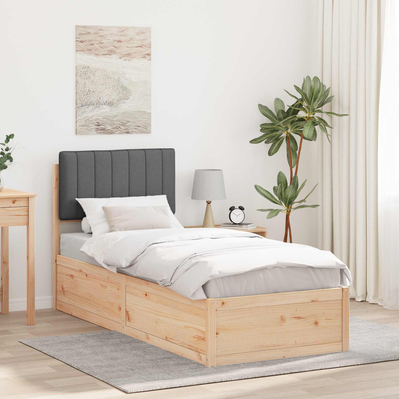 Estrutura de cama com cabeceira estofada cinza escuro