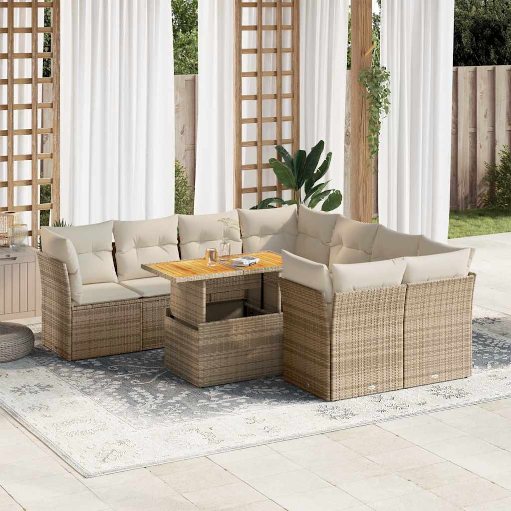 9 Pcs conjunto de sofás p/ jardim com almofadões vime PE bege