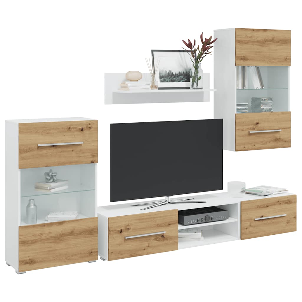 Móveis de TV de 5 pcs iluminação LED madeira carvalho artesanal
