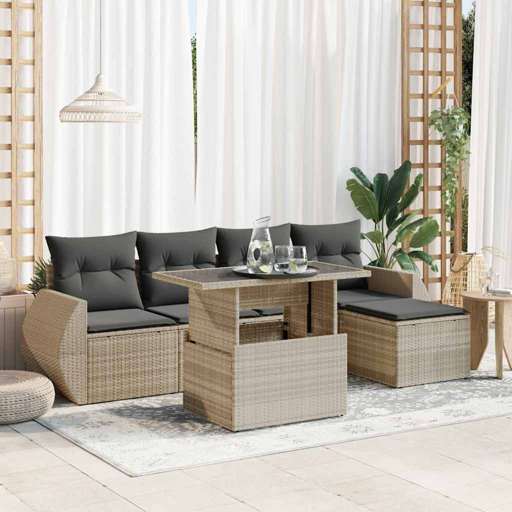 6 Pcs conj. sofás jardim com almofadões vime PE cinzento-claro