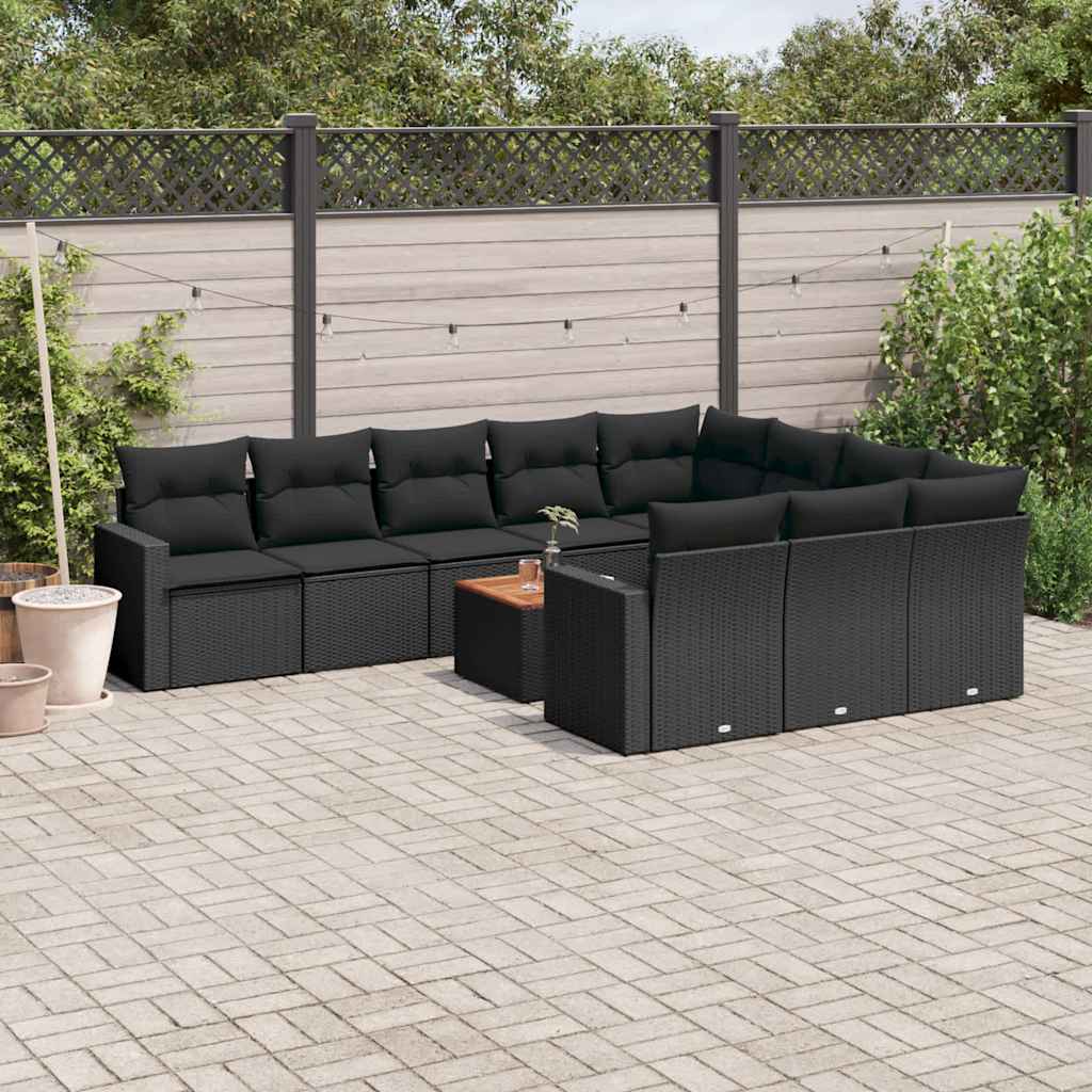 11 Pcs conjunto sofás de jardim c/ almofadões vime PE preto