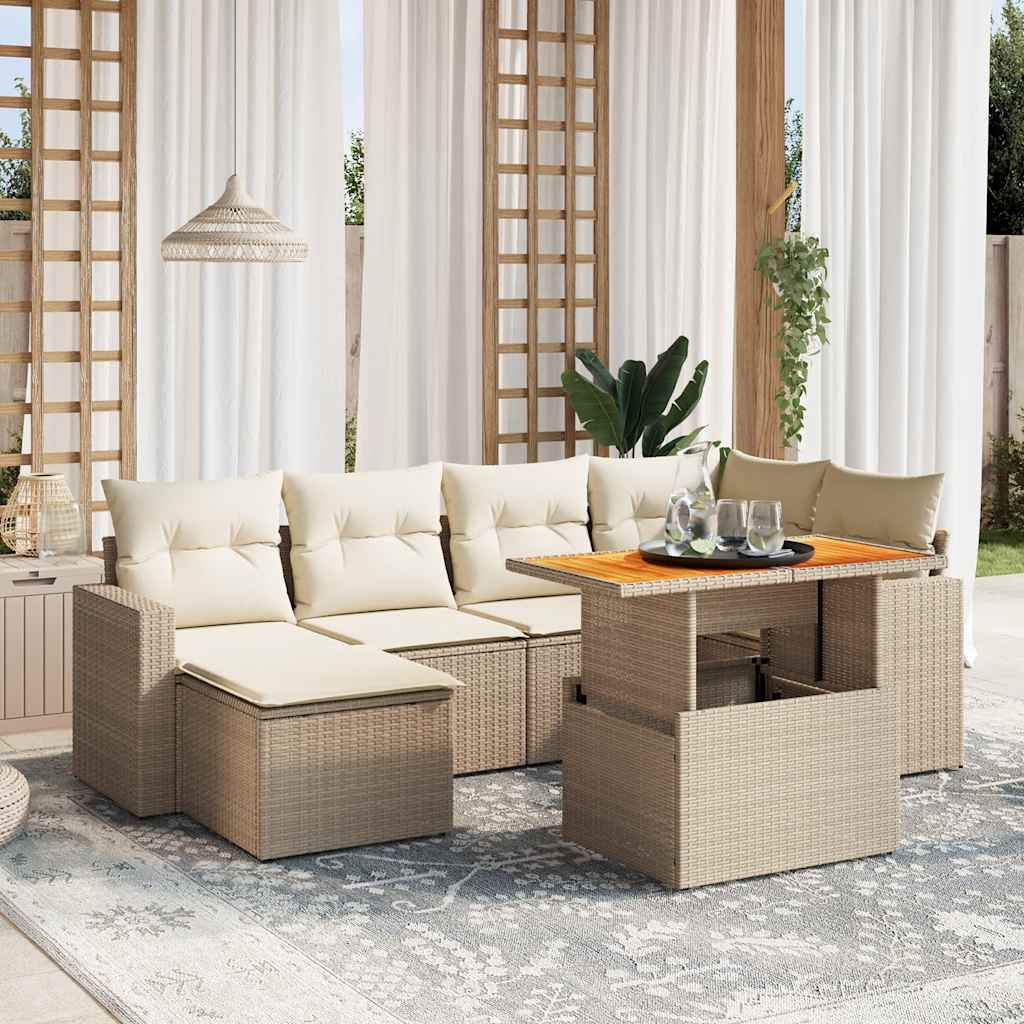 7 Pcs conjunto de sofás p/ jardim com almofadões vime PE bege