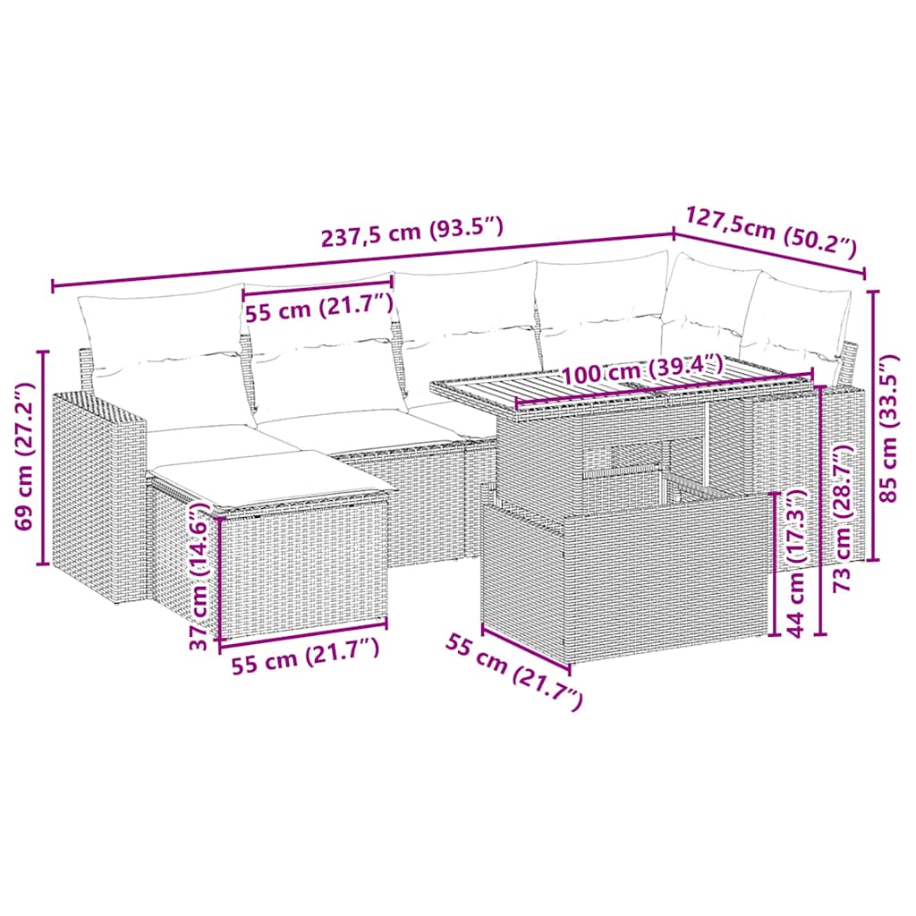 7 Pcs conjunto de sofás p/ jardim com almofadões vime PE bege
