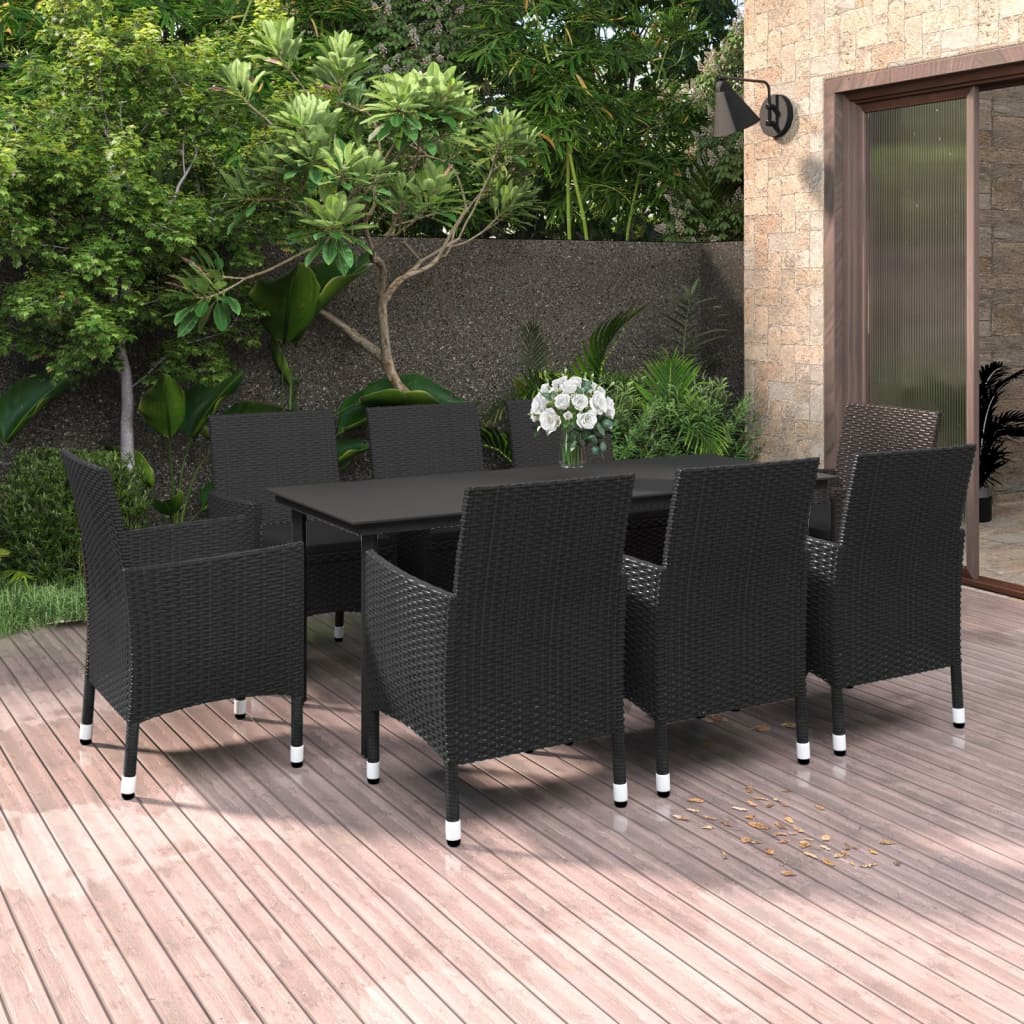 9 Pcs conjunto jantar jardim c/ almofadões vime PE e vidro