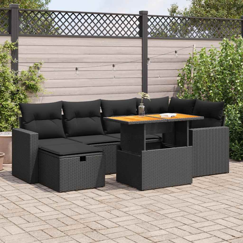 8 Pcs conjunto sofás jardim com almofadões vime PE/acácia preto