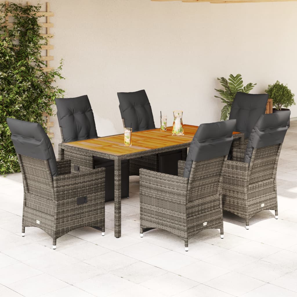 7 Pcs conjunto bistrô de jardim c/ almofadões vime PE cinza