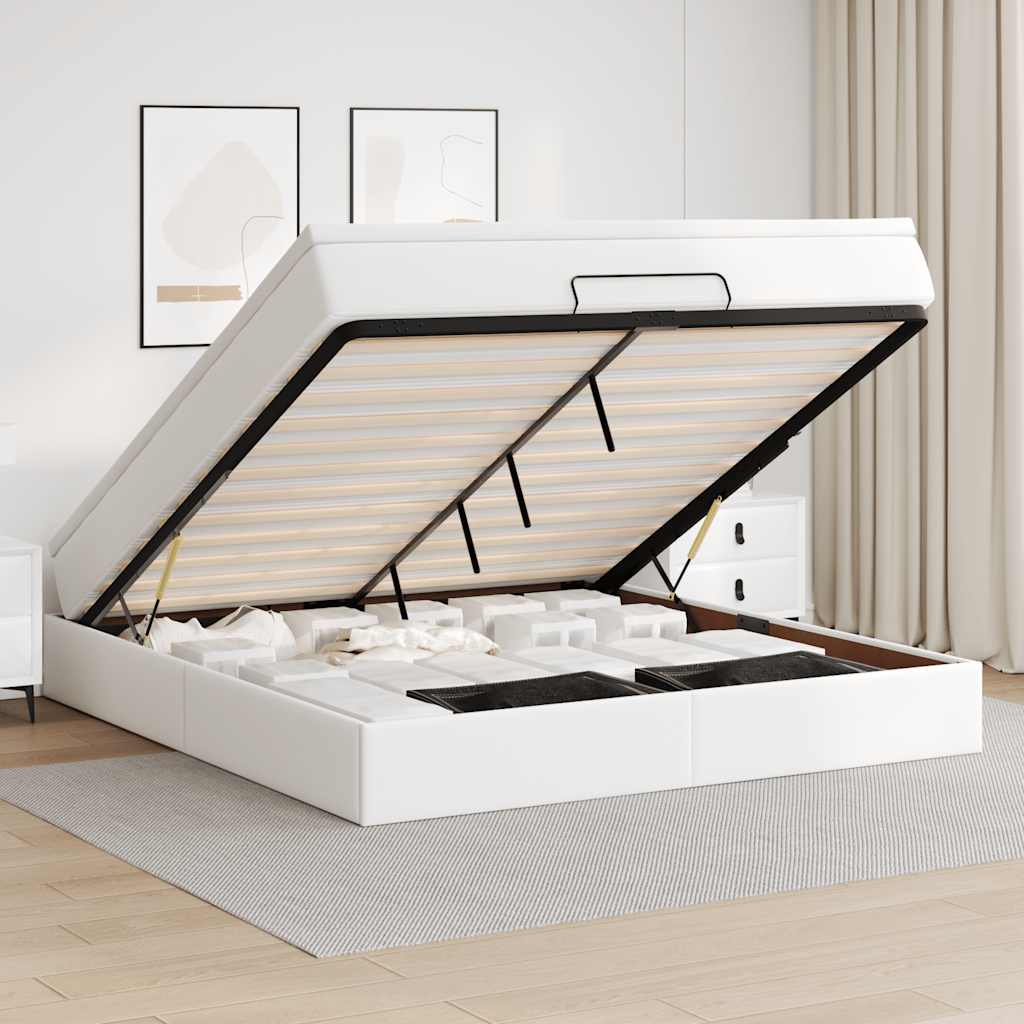 Estrutura de cama otomana com colchão branco couro falso