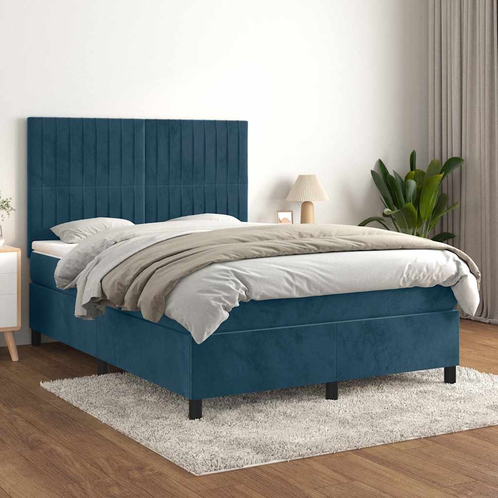 Cama com molas/colchão 140x190 cm veludo azul-escuro