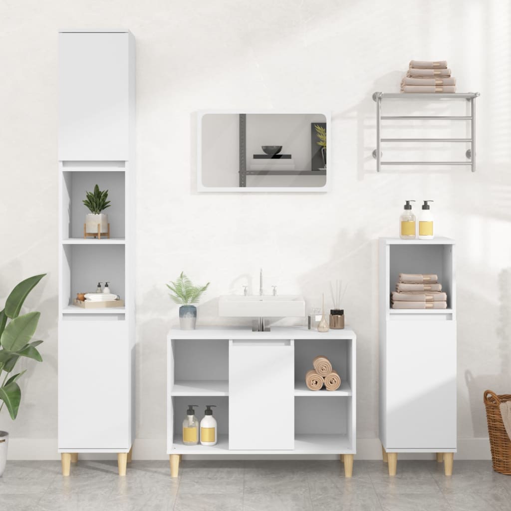 3 Pcs conjunto móveis casa de banho derivados de madeira branco