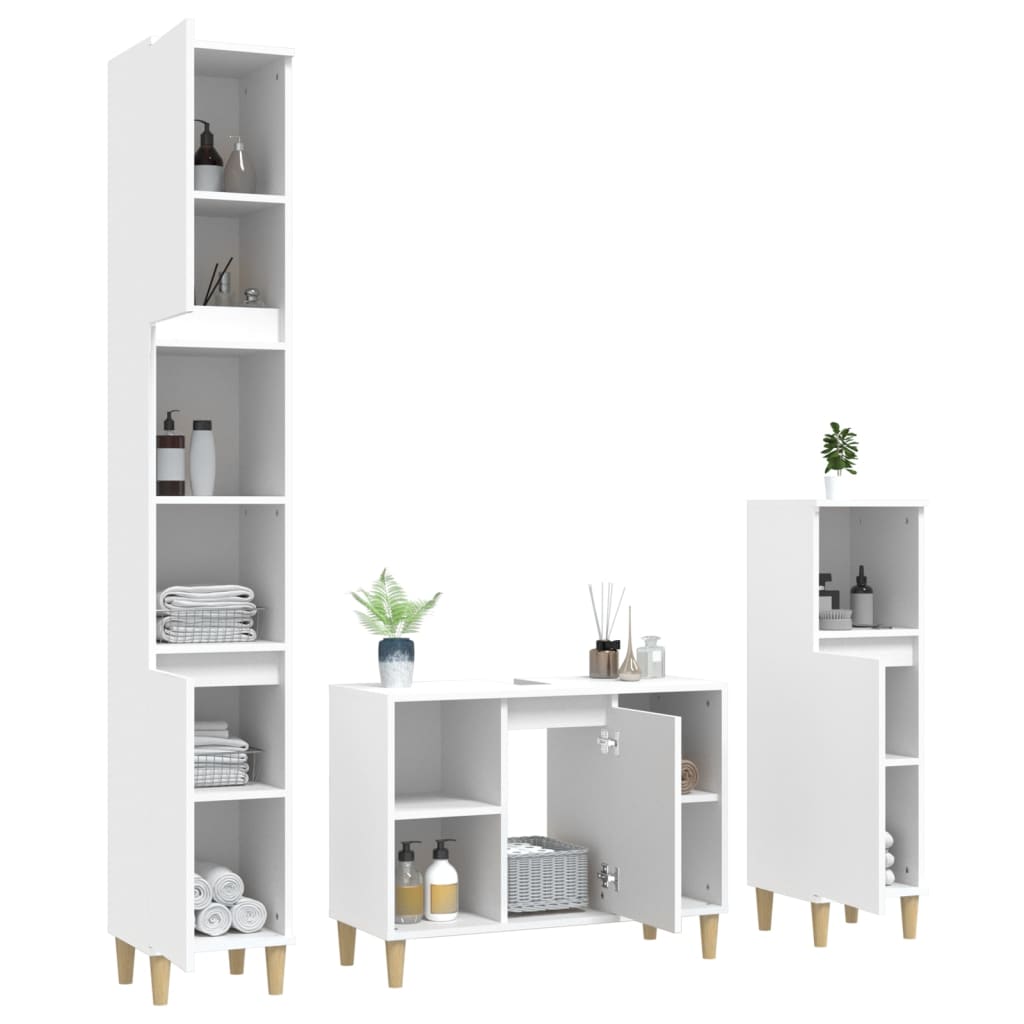 3 Pcs conjunto móveis casa de banho derivados de madeira branco