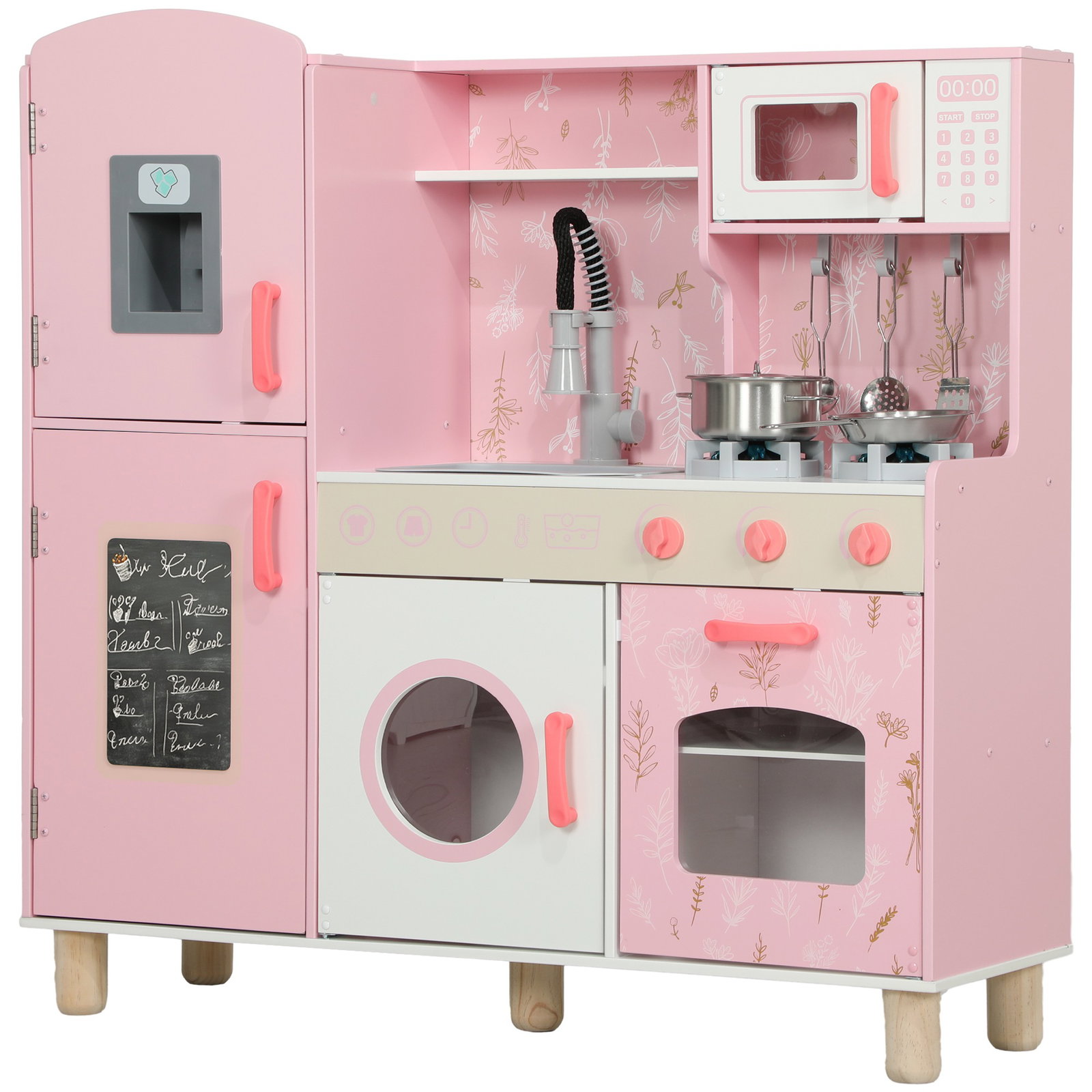 Cozinha de madeira para crianças com sons fogão forno micro-ondas máquina de gelo e acessórios 90x33,3x91,6 cm rosa