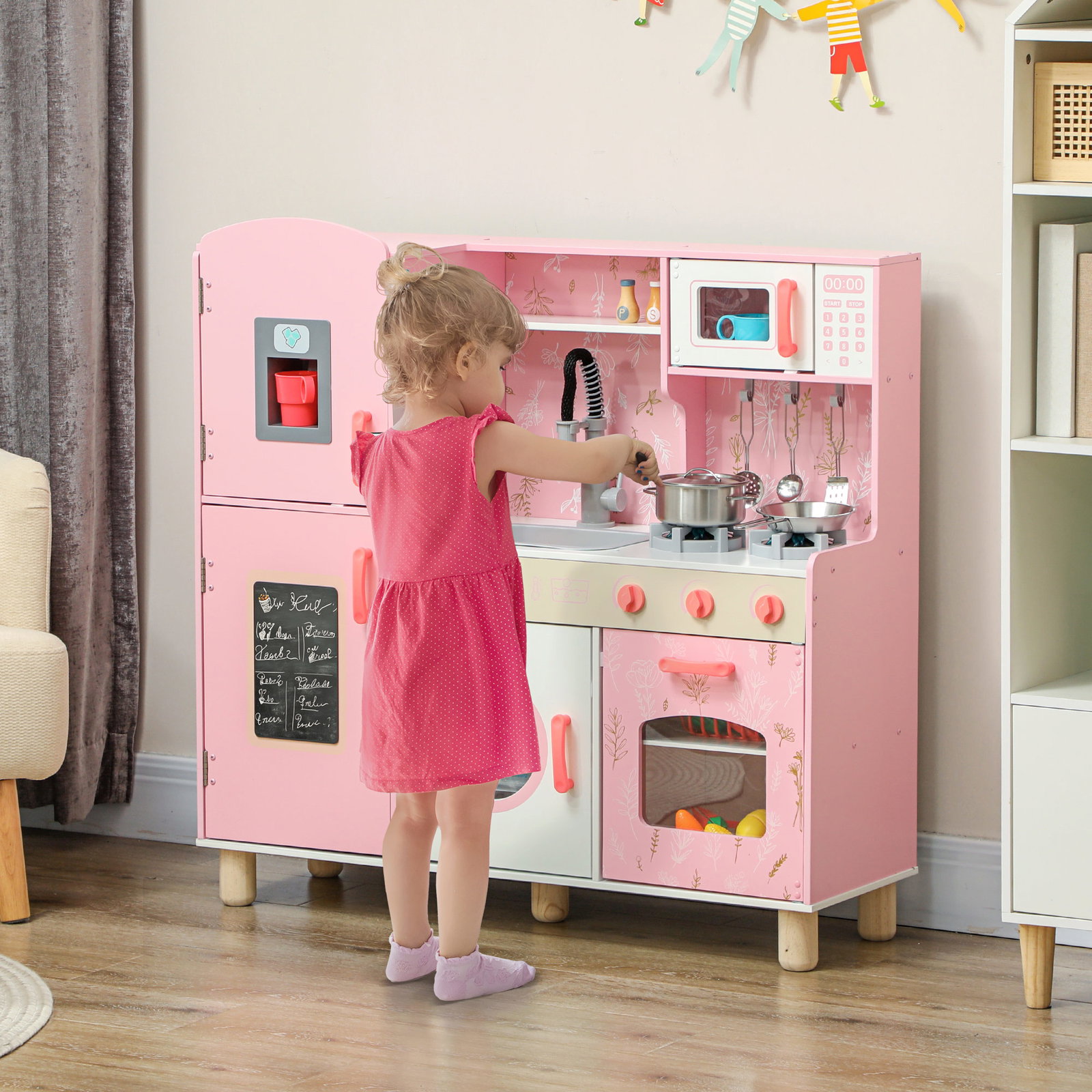Cozinha de madeira para crianças com sons fogão forno micro-ondas máquina de gelo e acessórios 90x33,3x91,6 cm rosa