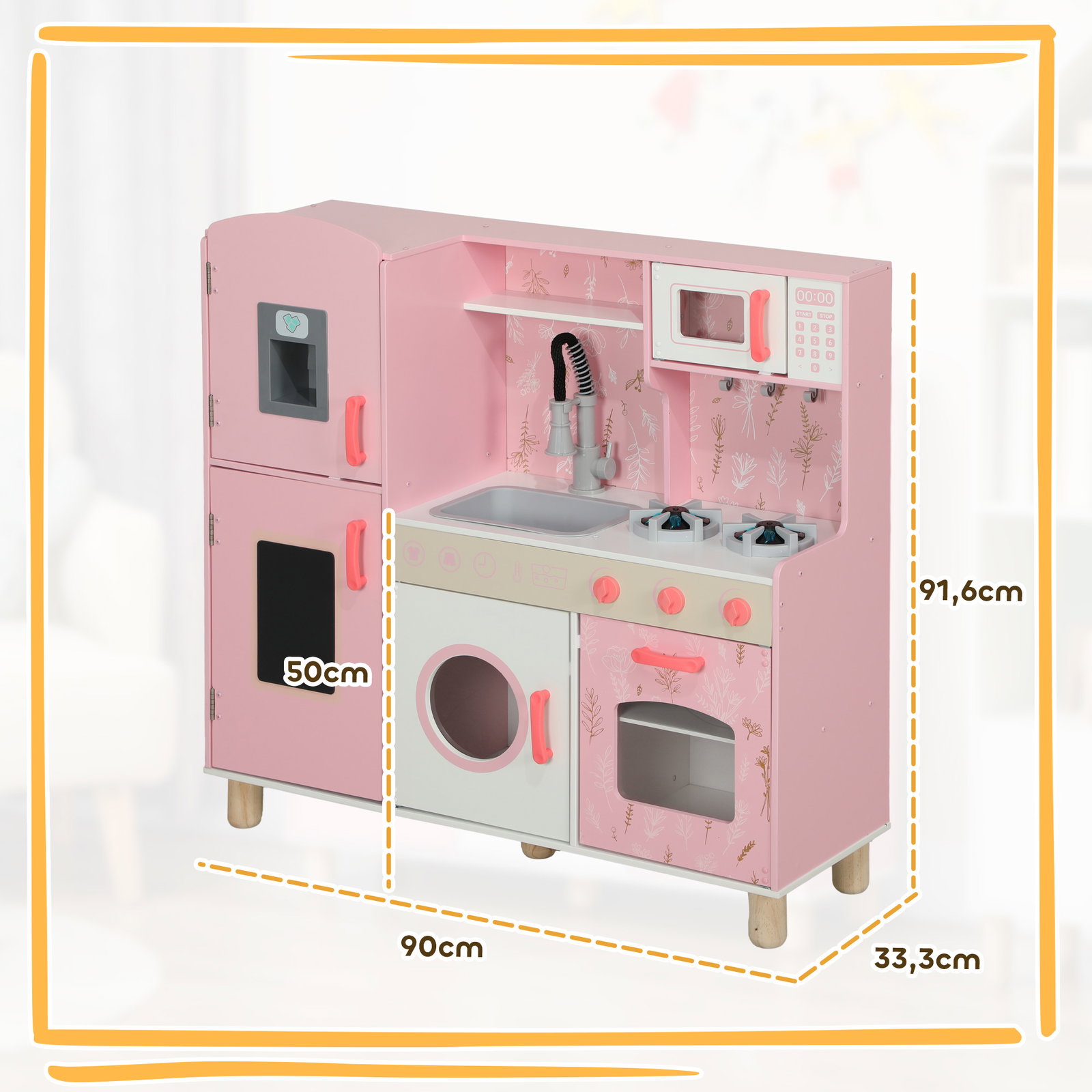 Cozinha de madeira para crianças com sons fogão forno micro-ondas máquina de gelo e acessórios 90x33,3x91,6 cm rosa