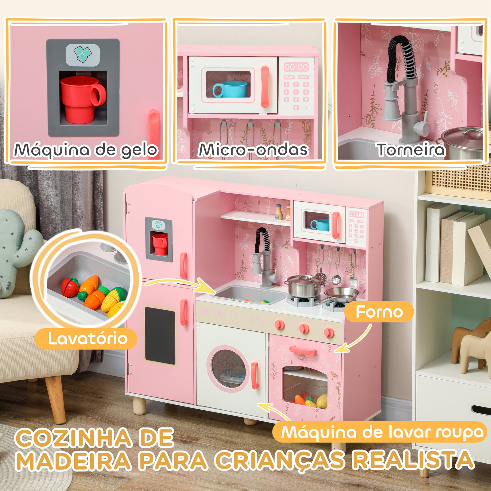 Cozinha de madeira para crianças com sons fogão forno micro-ondas máquina de gelo e acessórios 90x33,3x91,6 cm rosa