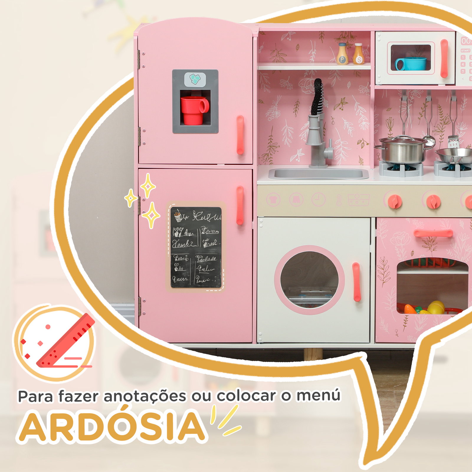Cozinha de madeira para crianças com sons fogão forno micro-ondas máquina de gelo e acessórios 90x33,3x91,6 cm rosa