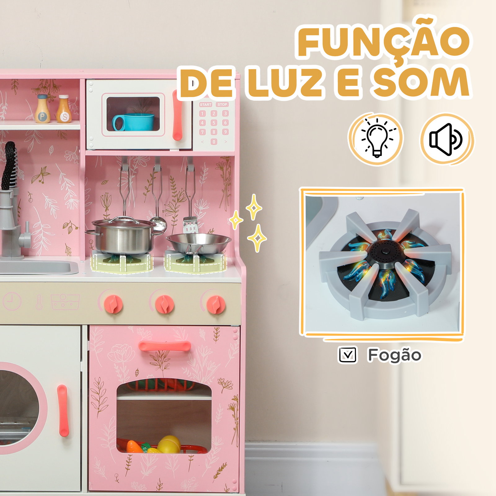 Cozinha de madeira para crianças com sons fogão forno micro-ondas máquina de gelo e acessórios 90x33,3x91,6 cm rosa