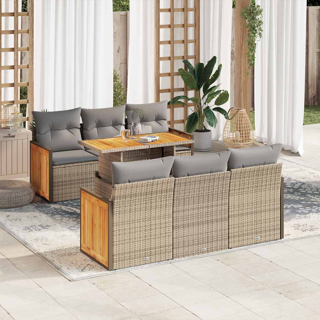 7 Pcs conjunto sofás jardim com almofadões vime PE/acácia bege