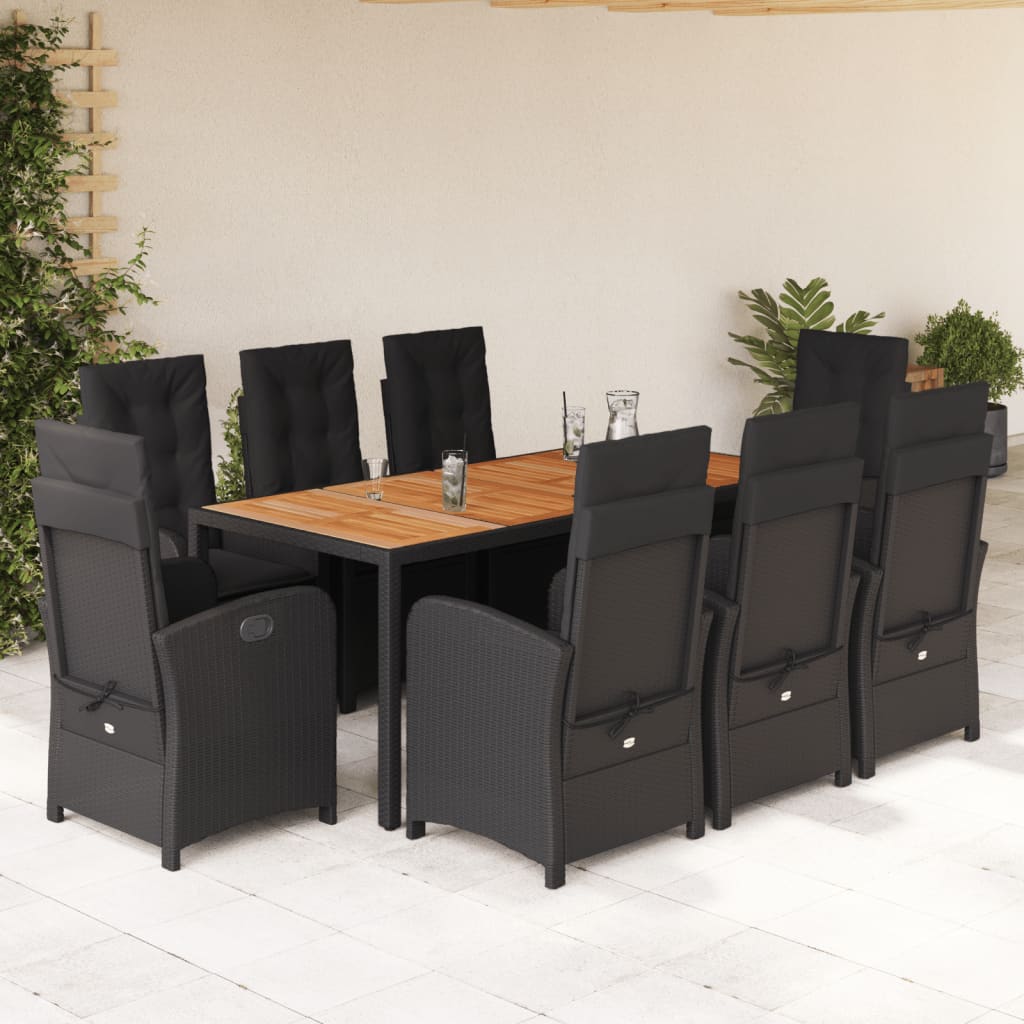 9 Pcs conjunto de jantar p/ jardim c/ almofadões vime PE preto