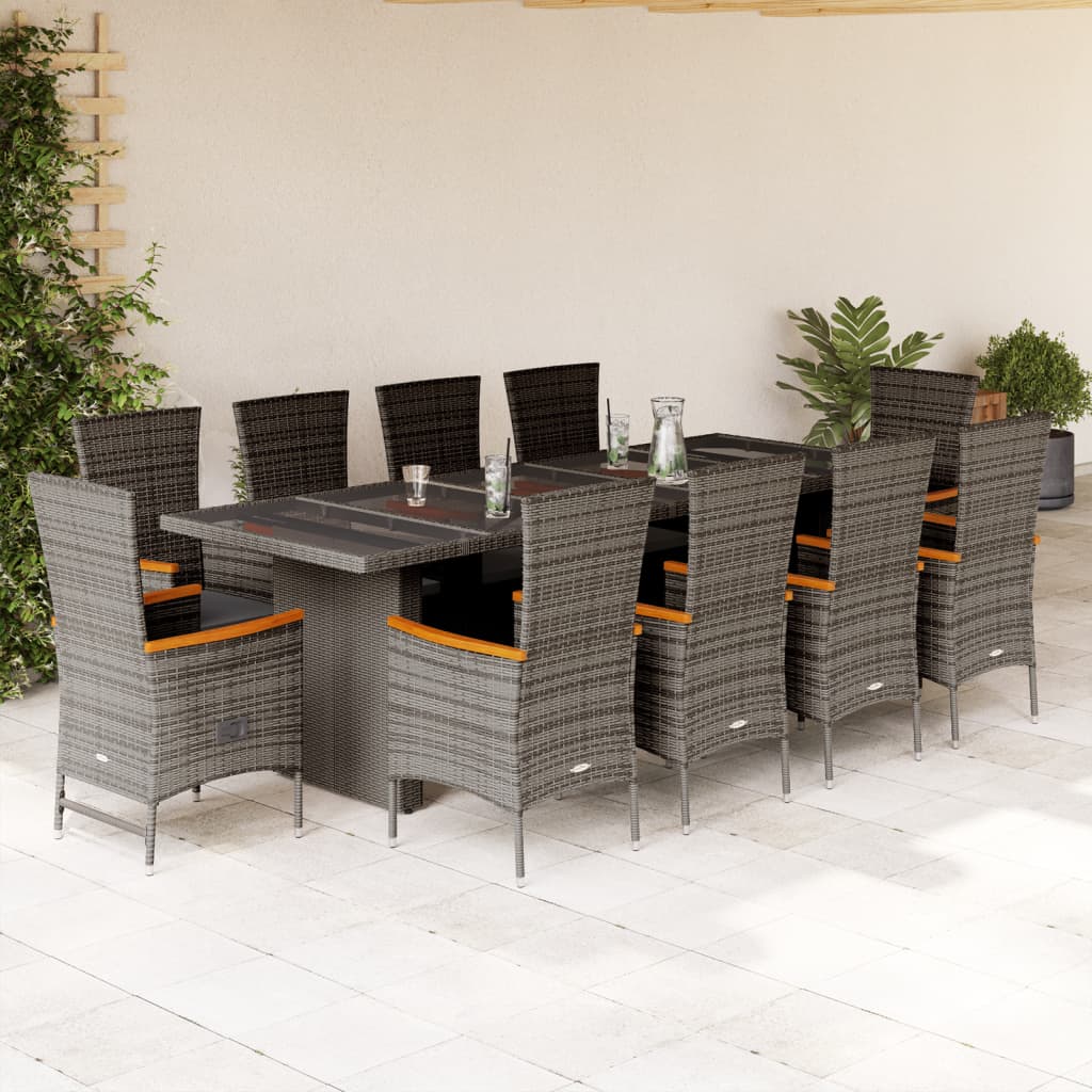 11 Pcs conjunto jantar p/ jardim c/ almofadões vime PE cinzento