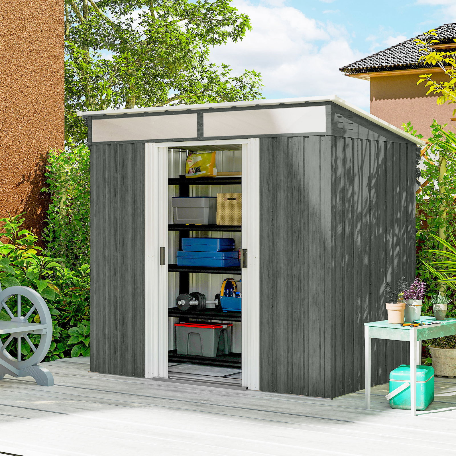 Abrigo de jardim exterior 2 m² 195x122x181,5 cm abrigo metálico com base sem chão 2 portas de correr janelas cinza claro
