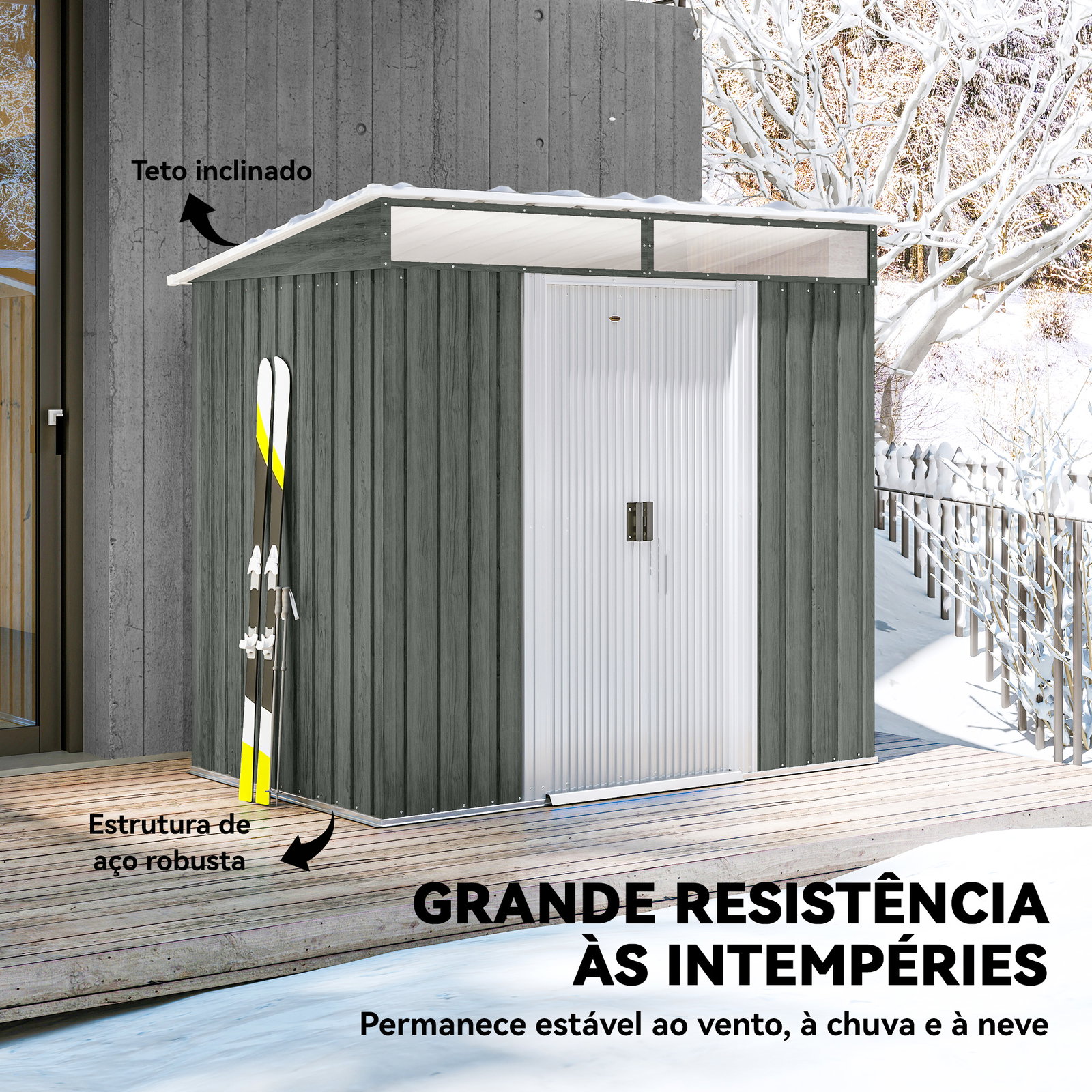 Abrigo de jardim exterior 2 m² 195x122x181,5 cm abrigo metálico com base sem chão 2 portas de correr janelas cinza claro