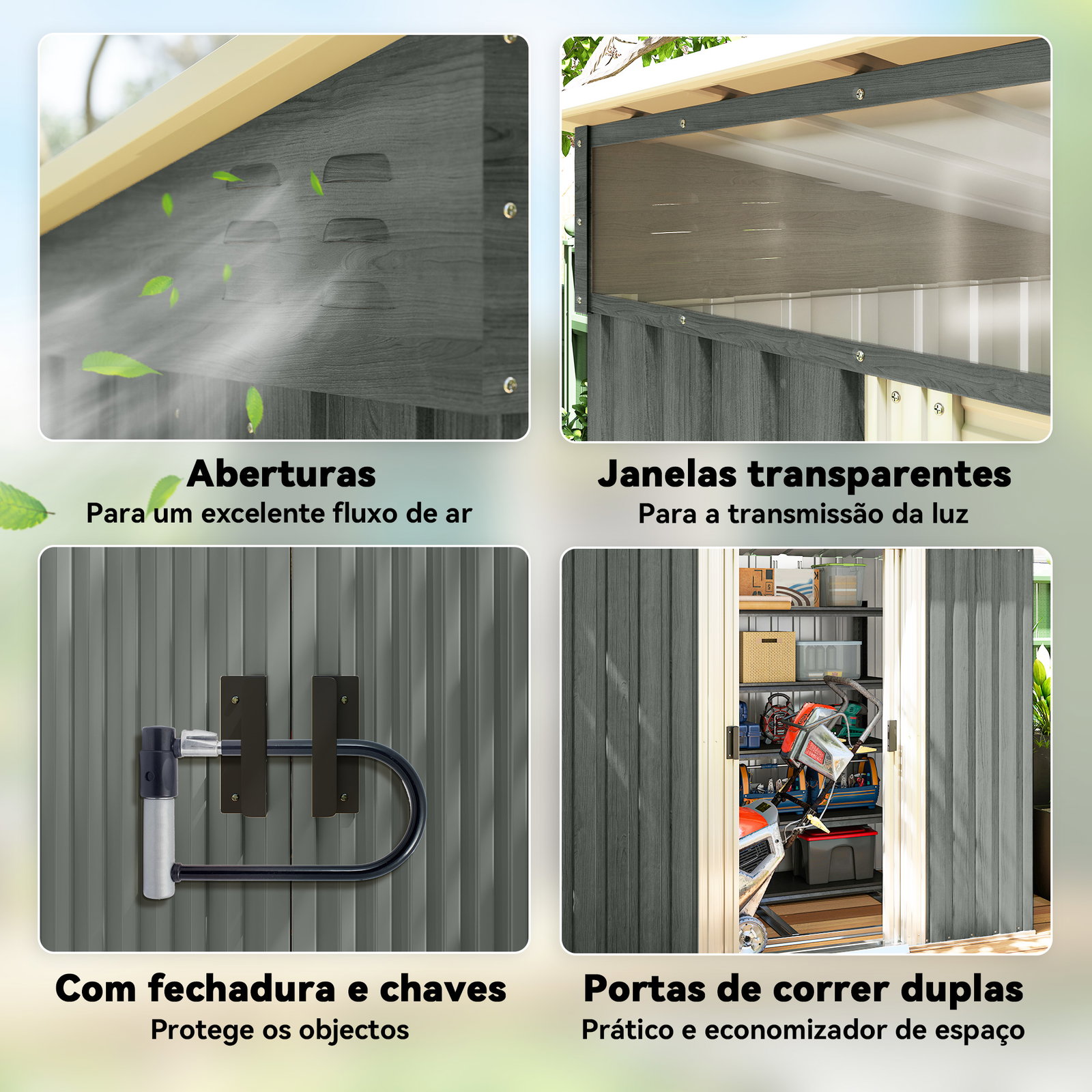 Abrigo de jardim exterior 2 m² 195x122x181,5 cm abrigo metálico com base sem chão 2 portas de correr janelas cinza claro