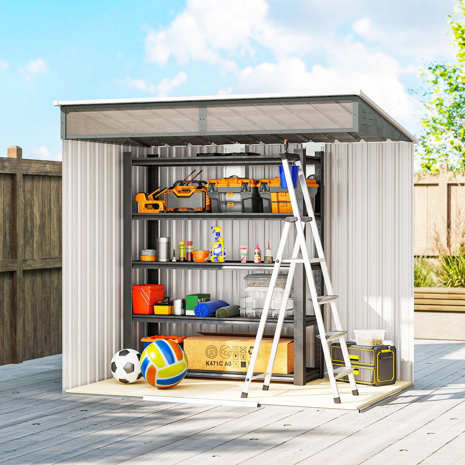 Abrigo de jardim exterior 2 m² 195x122x181,5 cm abrigo metálico com base sem chão 2 portas de correr janelas cinza claro