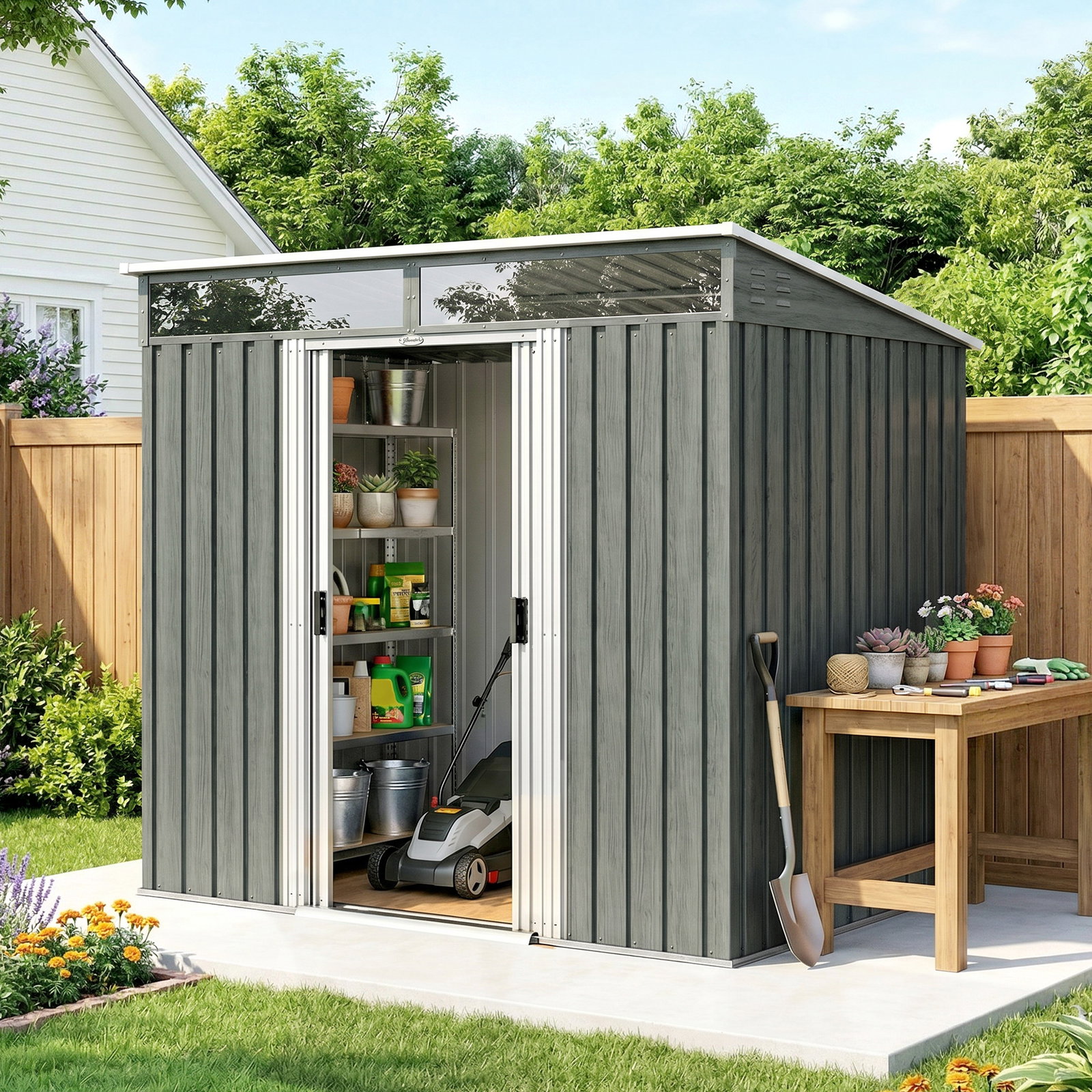 Abrigo de jardim exterior 2 m² 195x122x181,5 cm abrigo metálico com base sem chão 2 portas de correr janelas cinza claro