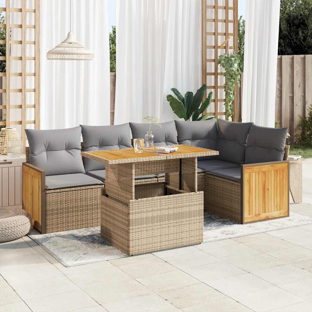 6 Pcs conjunto sofás jardim com almofadões vime PE/acácia bege