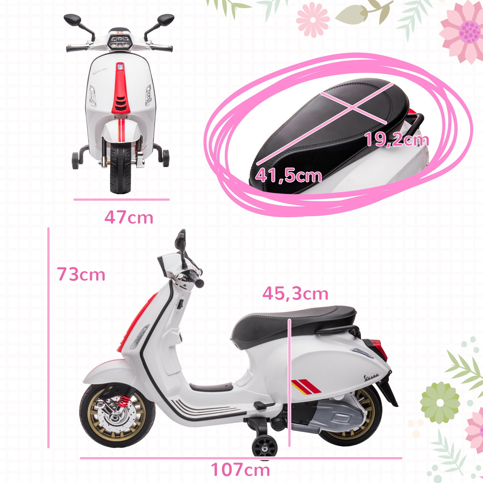 Moto elétrica para crianças de 3-6 anos com licença vespa com USB mp3 luz LED rádio fm velocidade 3 km/h carga 35 kg branco