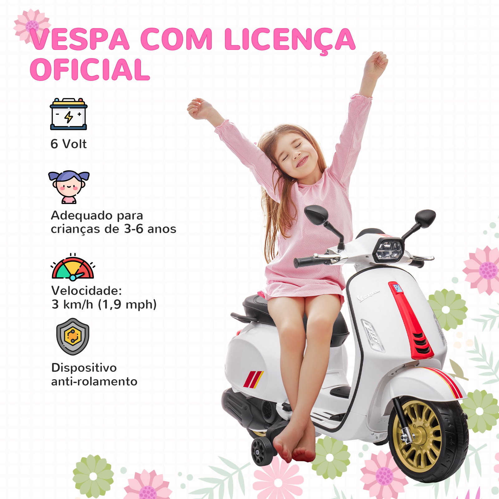 Moto elétrica para crianças de 3-6 anos com licença vespa com USB mp3 luz LED rádio fm velocidade 3 km/h carga 35 kg branco