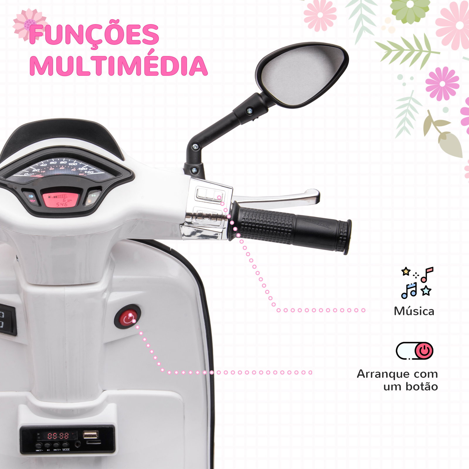 Moto elétrica para crianças de 3-6 anos com licença vespa com USB mp3 luz LED rádio fm velocidade 3 km/h carga 35 kg branco